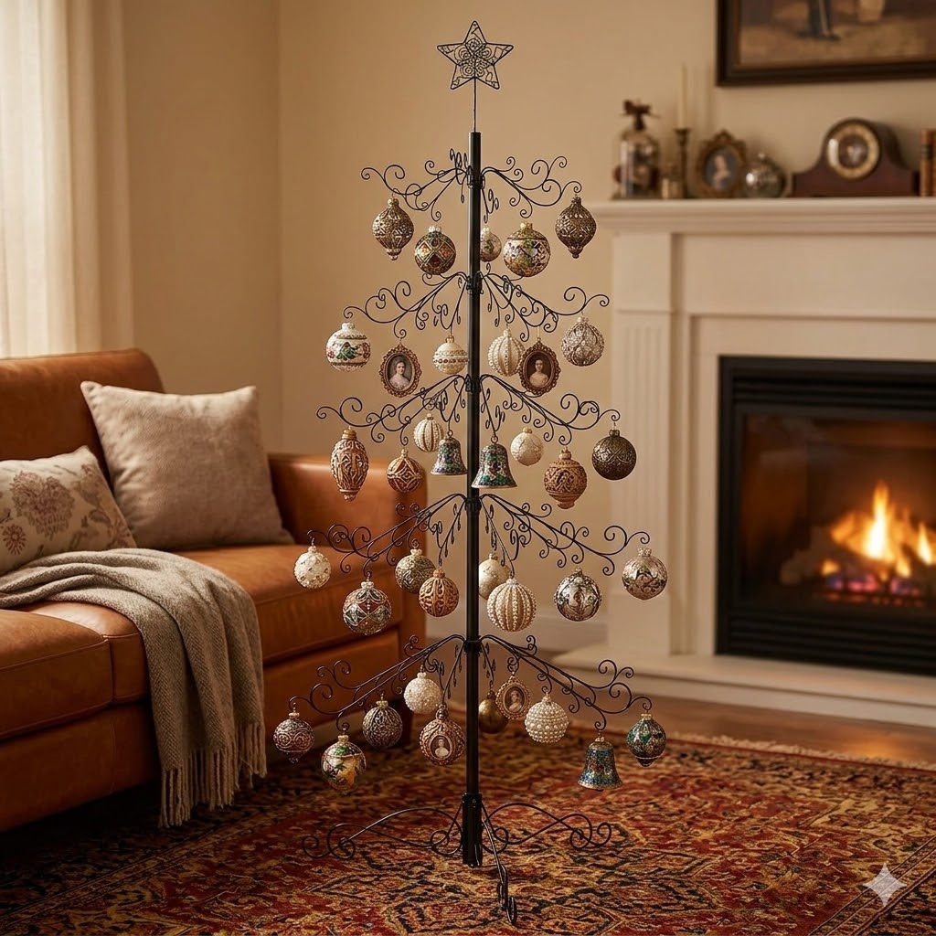 HOHIYA 6.5 Feet Wrought Iron Christmas Tree Alternative Metal Ornament Display Stand with 174 Hooks Extra Large Floor Standing ECO Xmas Tree for Keepsake Collections Black